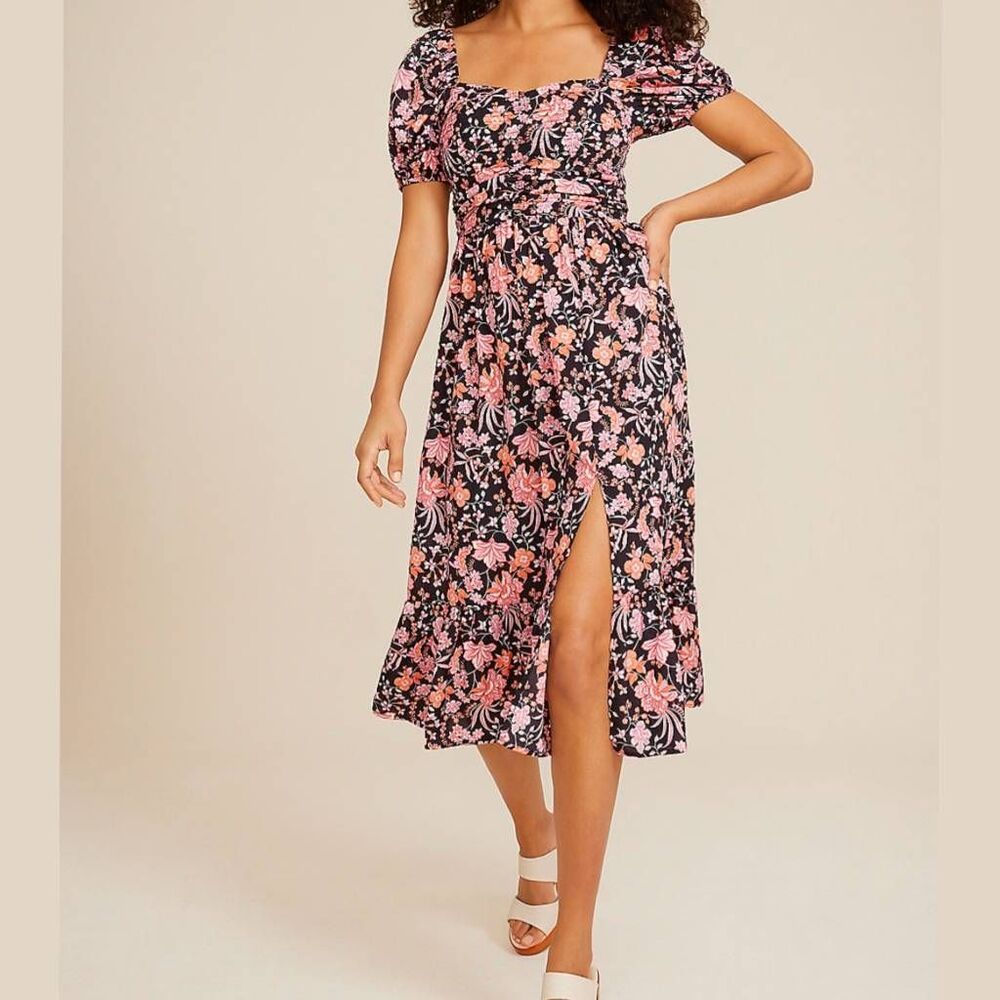 Band of the free black pink floral sweetheart smocked puff sleeve midi dress S